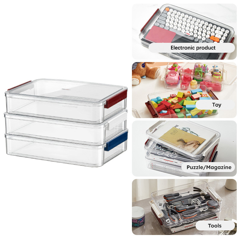 Clear A4 Document Storage Box with Wine Red Snap Tight Lid PET Files Documents Magazines Notebooks Box Organizer Holder Desk