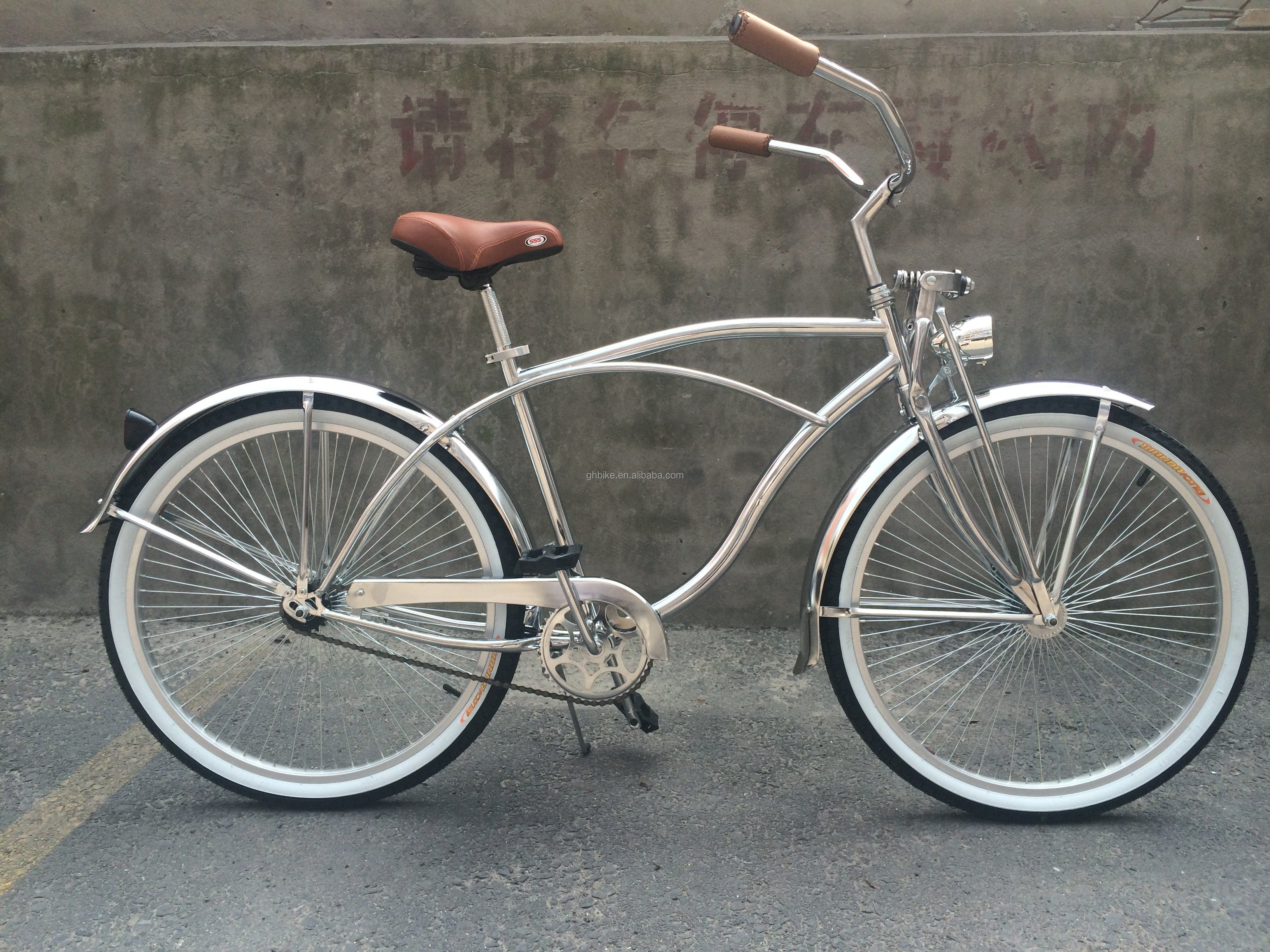 17kg 26inch 68Spokes Rim Sliver color CP frame Chrome paint single speed OEM/ODM men front spring fork beach cruiser bicycle