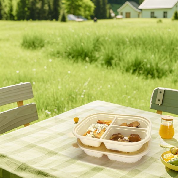 Customized corn starch biodegradable lunch box with 4 compartments and secure lid