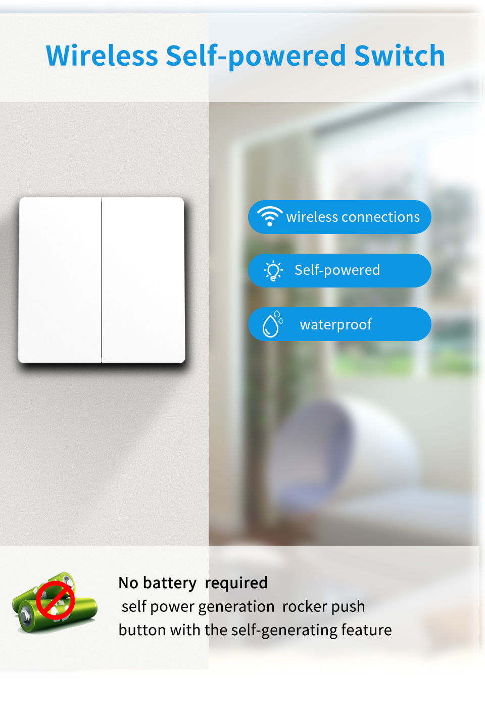 No Battery Wireless Kinetic Switch Rocker Push Button Self Powered Light Switch