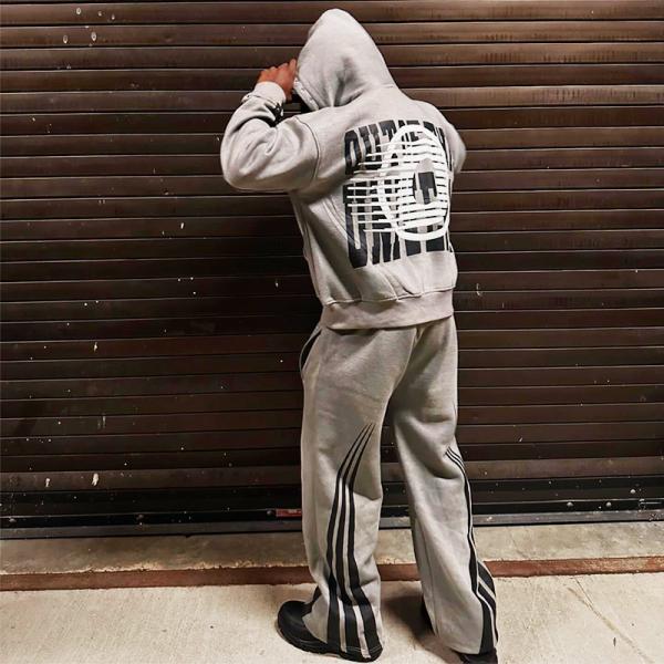 Quality Tracksuits Men Zipper Rhinestone Acid Wash Vintage Hoodie Stripe Design Track Sweatpants and Hoodie Set Custom Screen Print Logo for sale