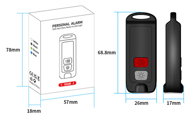 IP56 Waterproof 130dB Emergency Alarm Keychain With LED Flashing Light