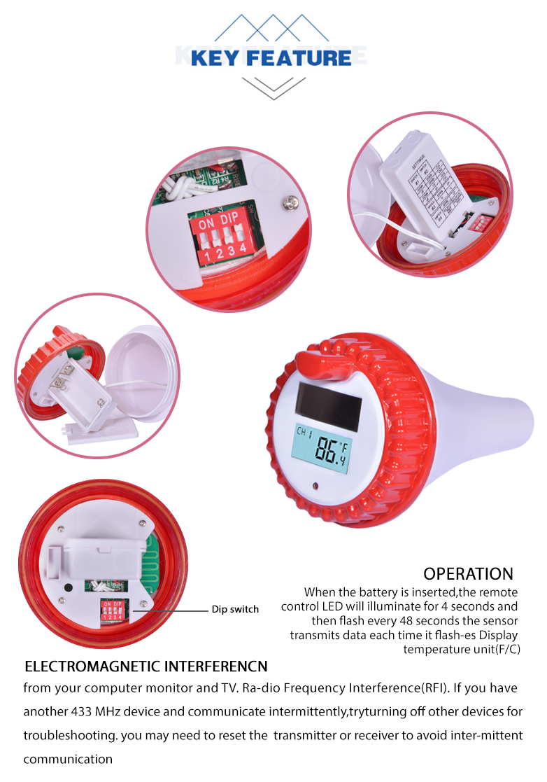 ±1.0°C Temperature Accuracy Wireless Solar Digital Pool Thermometer In Red And Silver