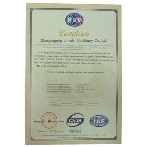 Zhangjiagang Jinyate Machinery Co., Ltd Certifications