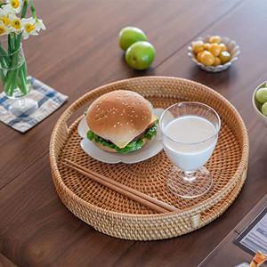 Quality Multifunction Hand Woven Rattan Round Serving Tray Serving Basket With Cut for sale