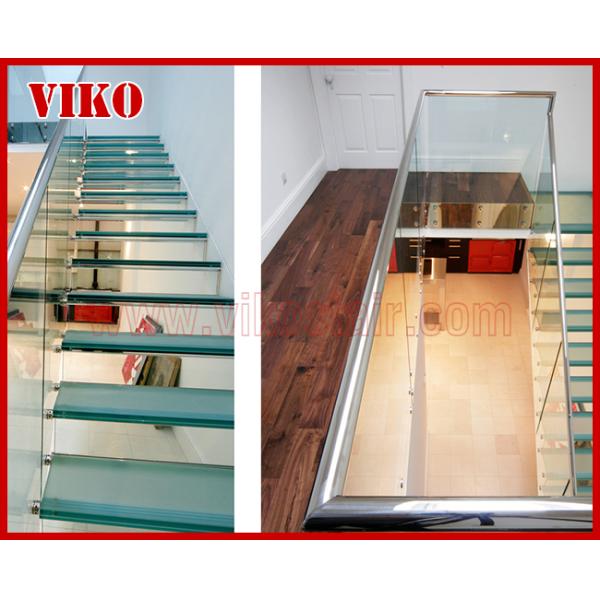 Floating Staircase VK52C Tread Glass TemperedGlass12mm LED Light strip StringerBeechTread StringerStainless Steel Powder