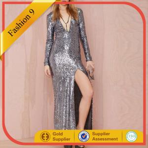 China New Designed Long Sleeve Sequined Maxi Dress with High Split wholesale