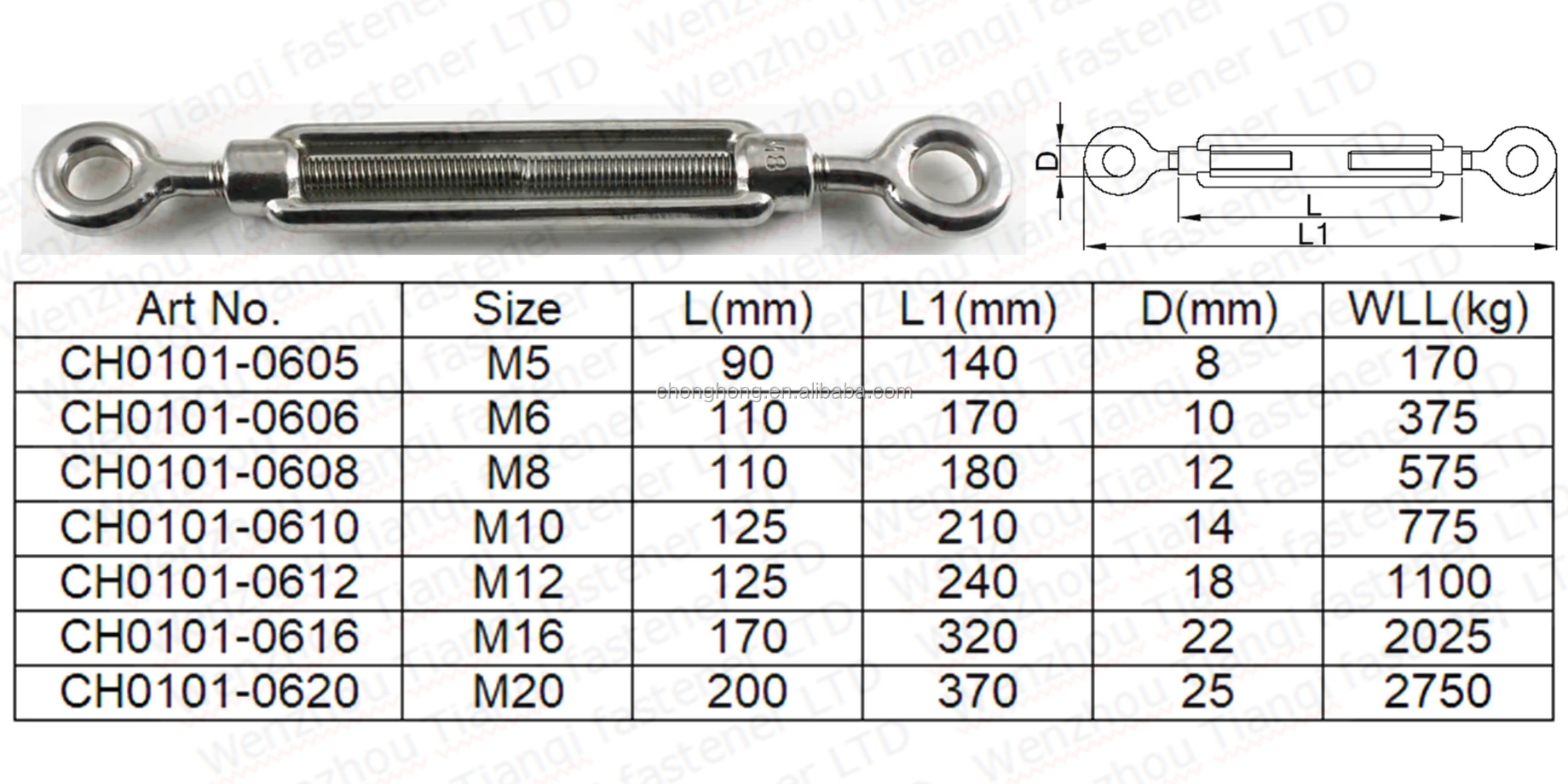 316 Stainless Steel Frame Type Eye Hook Turnbuckle for Heavy Duty Wire Rope Tensioning and Durability in Mining Industry