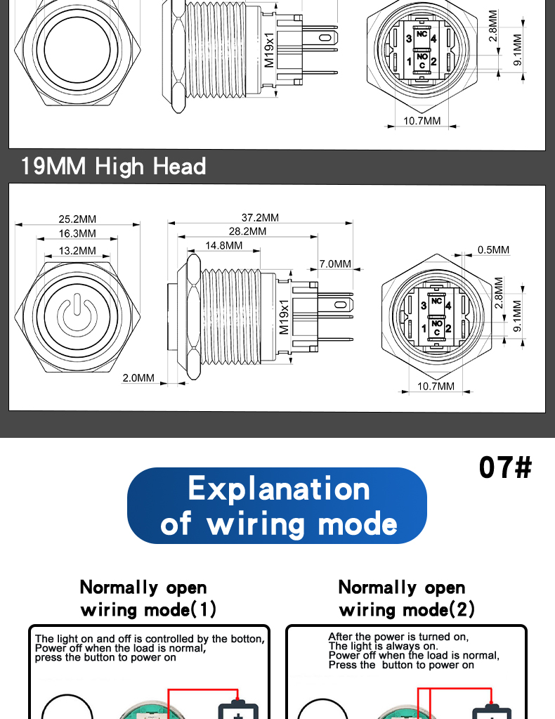 19mm Metal Push Button Switch 1NO1NC Waterproof High/Flat Head Ring-LED Momentary Latching Button Switch 6V 12V 220V