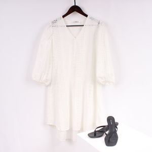 V Neck Heavy Embroidery Organic Cotton Midi Dress