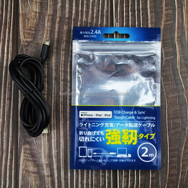 Window Packaging Bag for USB Charge & Sync Touch Cable Resealable Zipper Top Custom Ziplock Plastic Bags with Hang Hole