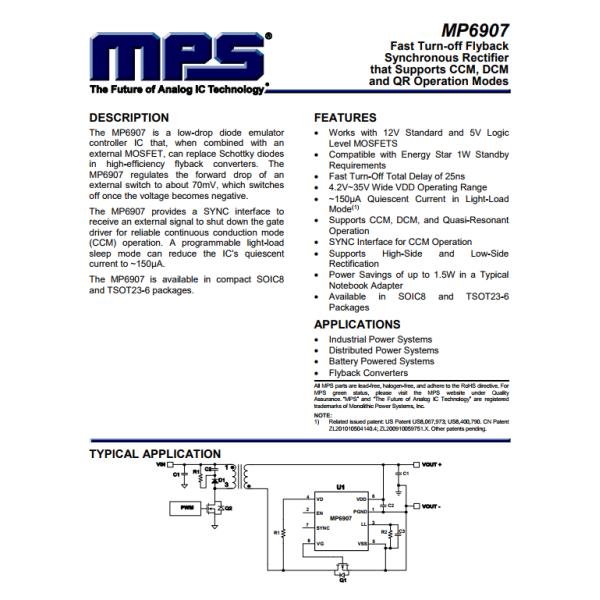 MP6907GJ-Z Power Supply Controller Distributed, Industrial Power Systems TSOT-23-6