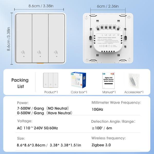 Tuya ZigBee Radar Motion Sensor Switch Sensing No Neutral Smart Home EU Wall Light Button Off No Capacitor Timing App