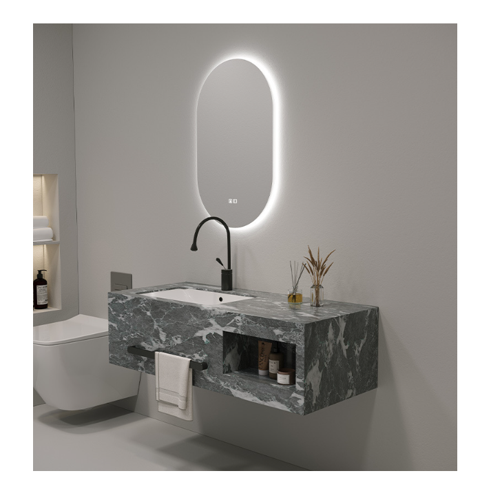 Bathroom Countertop Organizer with White Ceramic Basin and SLABS/SINTERSTONE Material