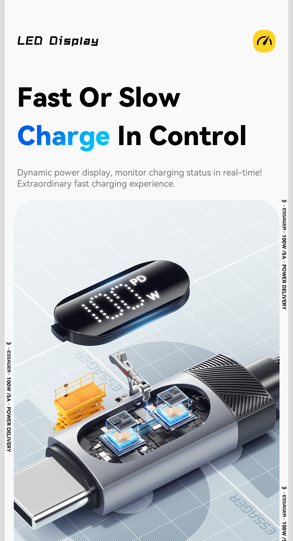 ESSAGER ES-X64 Series 60W 100W LED Display USB Type C Charging Cable