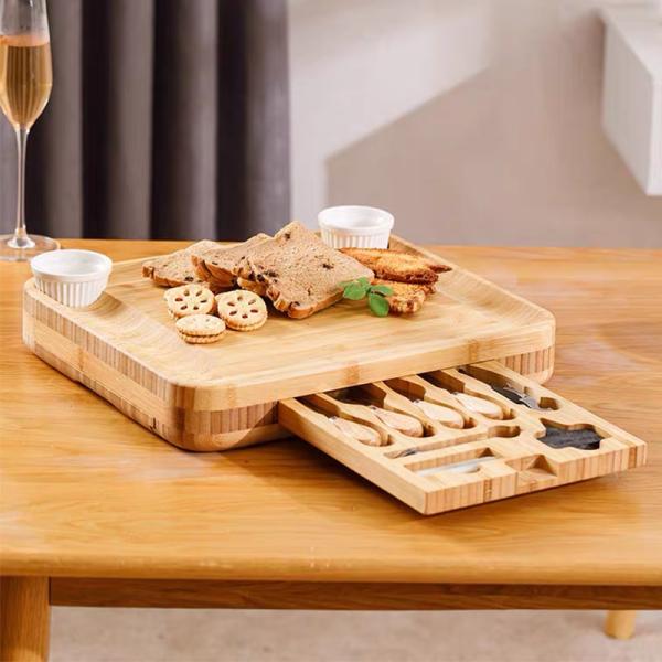 Customized Logo Acceptable Bamboo Charcuterie Cheese Board With Hidden Knife Set 39x33x5cm
