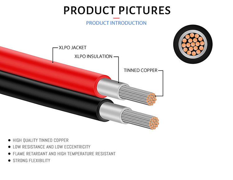 6mm 1.5KV DC XLPO Insulated PV Flexible Tinned Copper Core Solar Cable for Solar Power -40C-125C