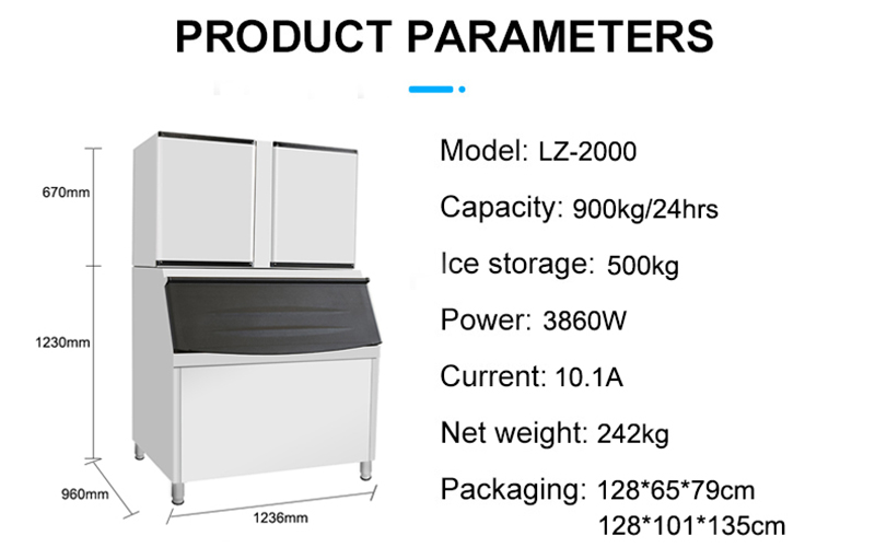 High Productivity 900kg Daily LZ-2000 Automatic Cube Ice Machine Maker for Commercial