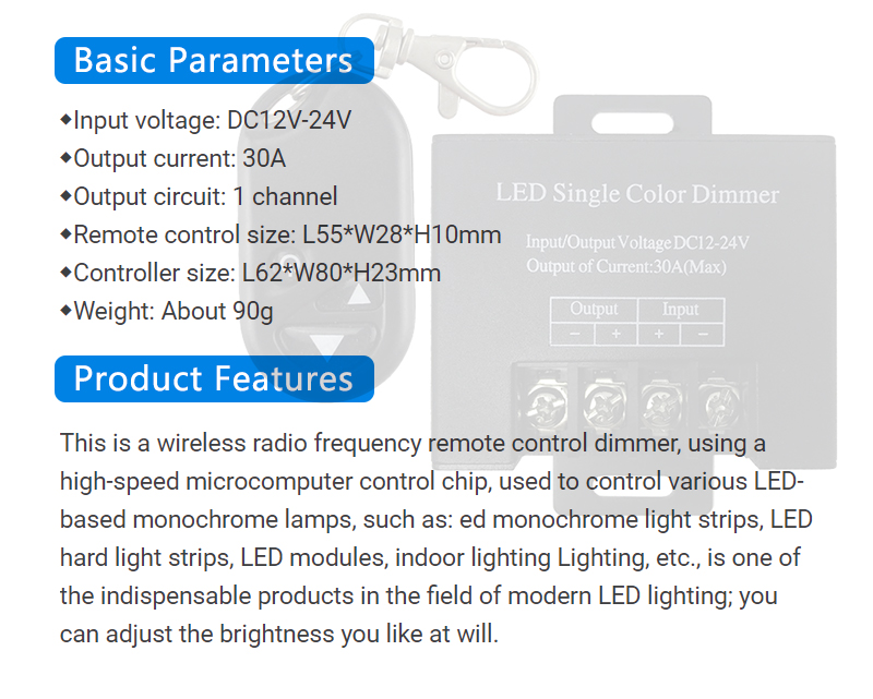 Wireless RF Remote LED Controller Dimmer Single Color With 30A 720W High Power