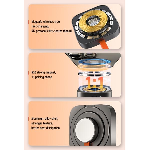 Metal Magnetic 2 In 1 Wireless Charger Space Saving For Iphone 15 Pro Max