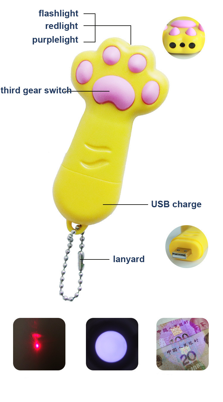 Paw Shaped 3 In 1 Interactive Red Laser Cat Toy With Lanyard