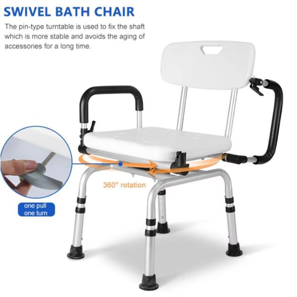 Adjustable Height with Removable Back 360 Degree Rotary Shower Chair with Armrests and Back