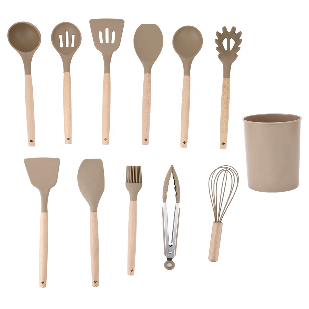 Silk Printing or Debossed Logo 12PCS Silicone Kitchen Utensils Set with Plastic Holder