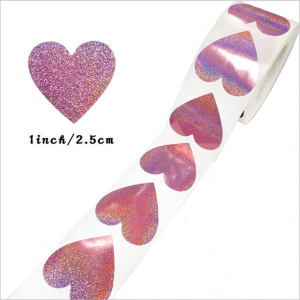 Quality Laser Heart Pink Holographic Sticker Glitter Sealing Labels 500pcs/Roll For Gift Box Packaging for sale