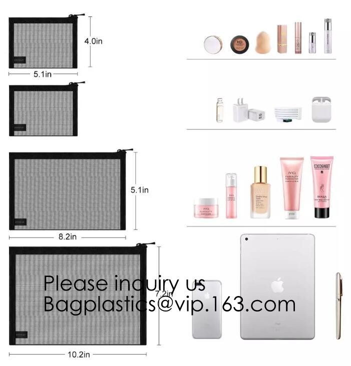 Mesh Bags Makeup Bags Cosmetic Travel Organizer Bags Mesh Zipper Pouch Pencil Case,Assorted Piped Pouches, bagease pac