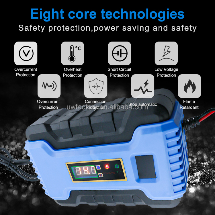 Electric Vehicle E-bike Scooter LCD Display 12V 6A Automatic Battery Charger for Maintenance-Free Dry Water Battery