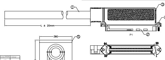 64 Pin 32 Pairs IDC Cable Assembly With IDC Connector 90 Degree Outlet Assembled