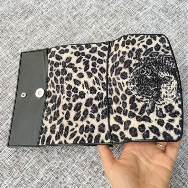 Authentic Stingray Skin Leopard Tiger Designer Long Wallet Genuine Leather Women Large Clutch Purse Lady Card Holder