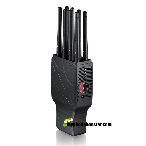 Quality Global Used 8 Bands 5.5W Portable Mobile Phone Signal Jammer Blocker Shield 2G 3G 4G GPS Wifi VHF UHF With Nylon Case for sale