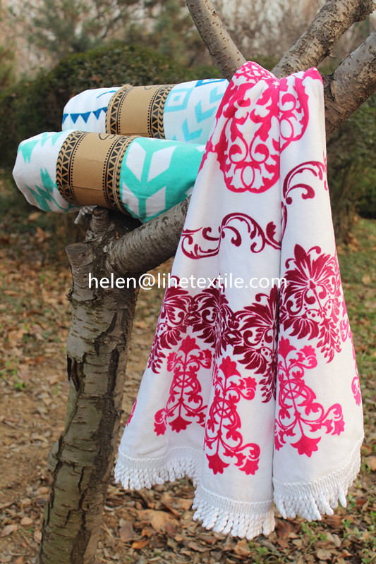 round beach towel printed with tassel customer design , dia 150cm