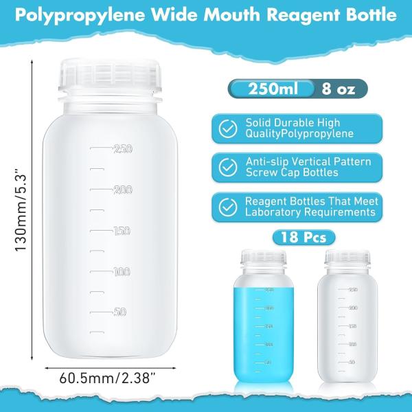Laboratory Polypropylene Wide Mouth Reagent Bottle with Graduated Scale, Reusable Plastic Bottles with Caps
