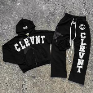 Autumn Mens Streetwear Sweatsuits Two Piece Track Set Applique Distressing Embroidery