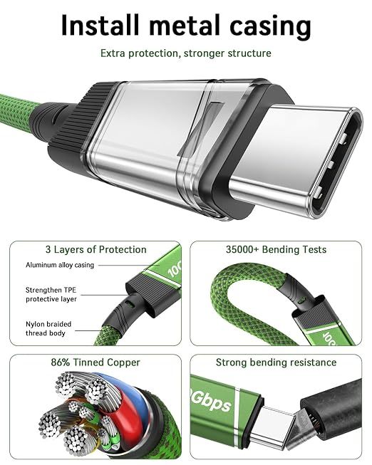 3Ft USB 3.2 Data Cable Green 30W Fast Charging Cable With High Speed Data Transfer