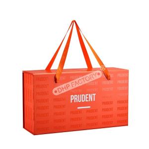 China Luxury Glossy UV Logo Rigid Collapsible Box With Ribbon Handle wholesale