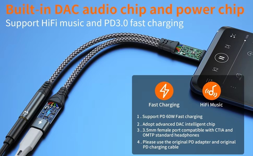 USB C To 3.5mm Headphone And Charger Adapter 2 In 1 Type C To Aux Jack Cable PD 60W for Samsung Galaxy