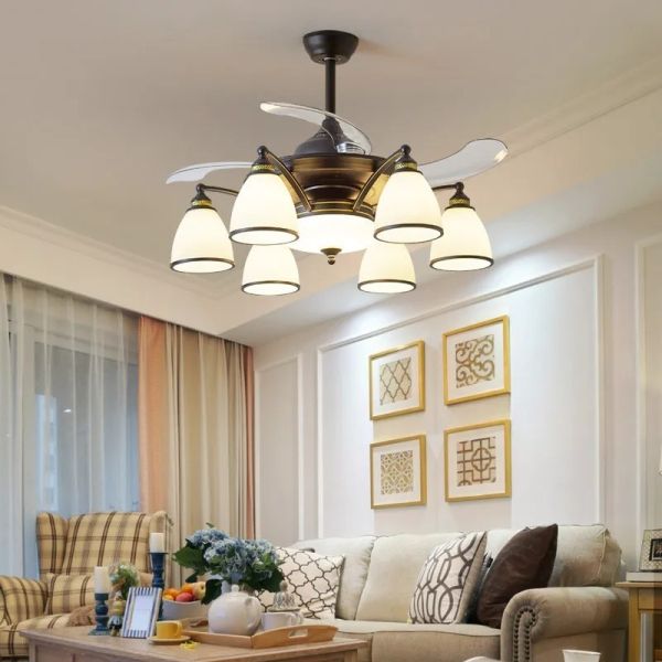 Retractable Blade Modern Folding Fan Light Remote Control Chandelier LED Invisible Ceiling Fan Crystal Light (WH-VLL-29)