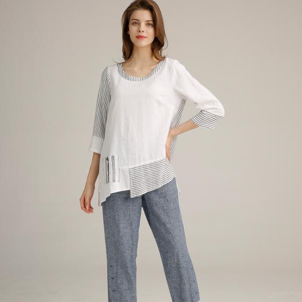 Quality Denim Blue Woven Womens Casual Linen Pants Cropped Trousers OEM for sale