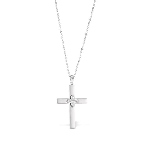 Stainless Steel Cross Pendant Necklace with Clear Zircon Stone Flower