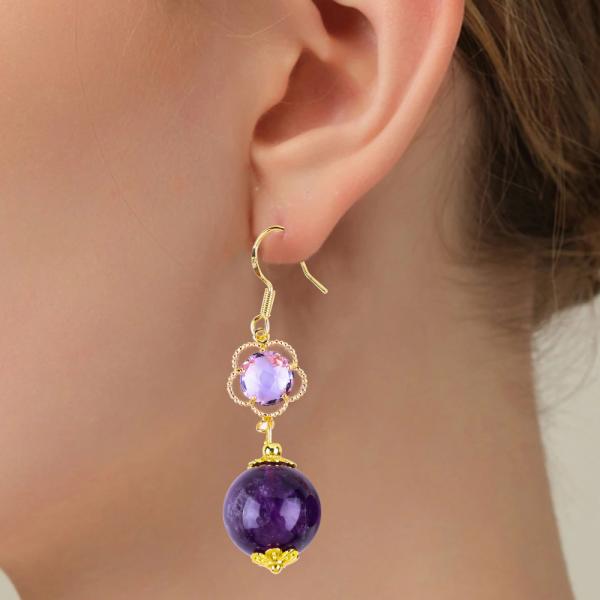 Handmade Amethyst Natural Crystal 14MM Big Round Shape Beaded Short Dangle Earring For Jewelry Gift