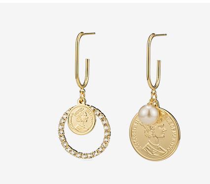 2021 new Baroque vintage gold coin earrings sterling silver French advanced asymmetrical exaggerated earrings