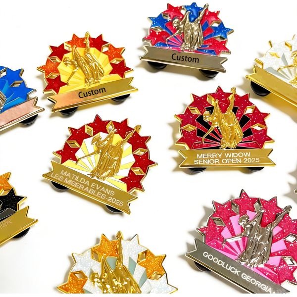 Custom hard/soft enamel pins feature glitter, UV print, anime logo.
