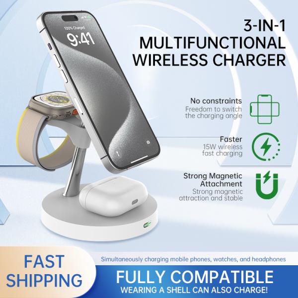 Abs Zinc Alloy 4 In 1 Fast Magnetic Wireless Charging Station With Night Lamp 2w