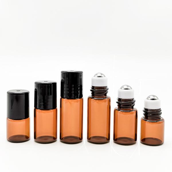 Quality Cylinder Amber Glass Roll On Bottles 2ml 3ml 5ml Rollerball Perfume Container for sale