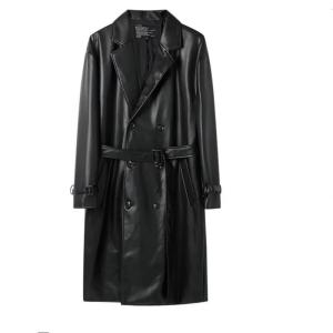                  Csutom Men Leather Long Black Hip Hop Double Breasted Trench Coat             