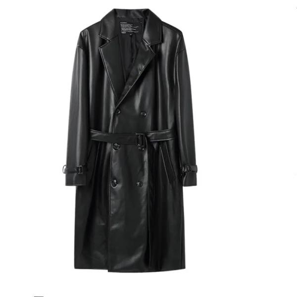 Quality                  Csutom Men Leather Long Black Hip Hop Double Breasted Trench Coat              for sale