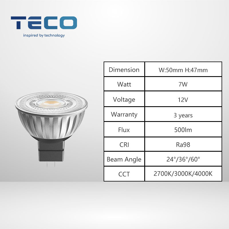12V 7W GU5.3 MR16 LED Bulbs 4000K Ra98 36Degee With 3 Years Warranty